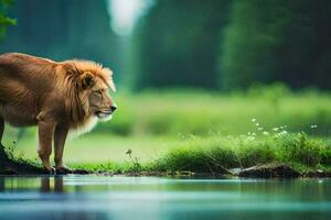 a lion standing on a rock by a river. AI-Generated photo