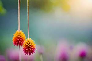 two colorful flowers hanging from strings in a field. AI-Generated photo