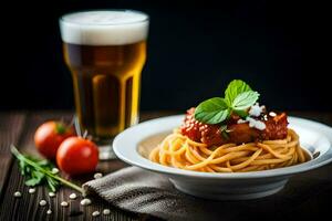 spaghetti with tomato sauce and meatballs in a white bowl with a glass of beer. AI-Generated photo