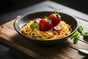 un plato de pasta con fresas y albahaca hojas. generado por ai foto