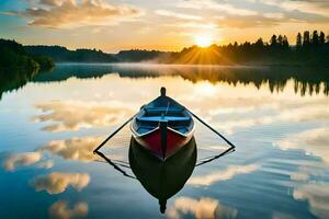 a canoe is floating on the calm water at sunset. AI-Generated photo