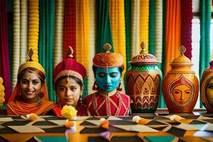 a group of women in colorful costumes are sitting in front of colorful vases. AI-Generated photo