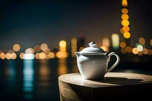 a white teapot on a table in front of a city skyline. AI-Generated photo