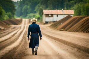 a man in a blue dress walking down a dirt road. AI-Generated photo