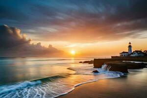 un faro se sienta en el apuntalar de un playa a puesta de sol. generado por ai foto
