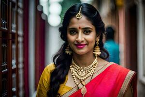 a beautiful woman in a sari with gold jewelry. AI-Generated photo