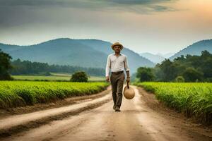 a man walking down a dirt road with a hat on. AI-Generated photo