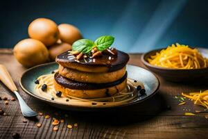 a stack of pancakes with chocolate sauce and eggs. AI-Generated photo