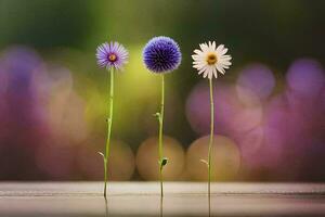 three flowers are standing on a wooden table. AI-Generated photo