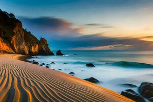 el playa a puesta de sol con arena dunas y ondas. generado por ai foto