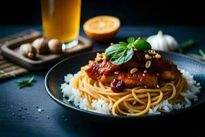 chicken with sauce and rice in a bowl. AI-Generated photo