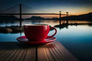 the golden gate bridge, coffee, cup, saucer, table, water, bridge, h. AI-Generated photo