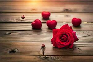 red rose on a wooden table with hearts. AI-Generated photo