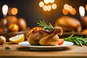 a roasted chicken on a plate with a lemon and rosemary. AI-Generated photo
