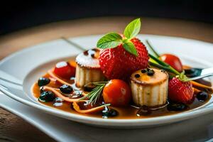 a plate of food with scallops, strawberries and tomatoes. AI-Generated photo