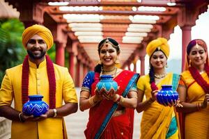 un grupo de personas en tradicional indio ropa participación azul ollas. generado por ai foto
