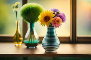flowers in a vase on a table near a window. AI-Generated photo