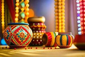 colorful decorative pots and decorative lamps on a table. AI-Generated photo