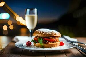 a hamburger and a glass of champagne on a table. AI-Generated photo