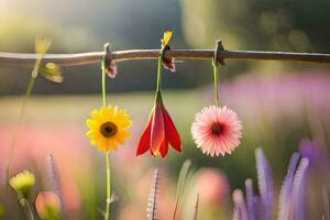 three flowers hanging from a wire in a field. AI-Generated photo