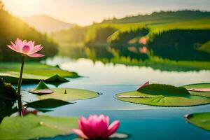 loto flor en el agua con verde hojas. generado por ai foto