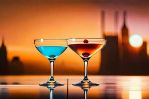 two glasses of cocktails with a city skyline in the background. AI-Generated photo