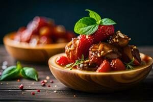 strawberries and tomatoes in a wooden bowl. AI-Generated photo