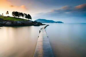 a long exposure photo of a wooden pier in the ocean. AI-Generated