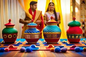 a couple standing in front of colorful pots. AI-Generated photo