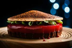 a burger with a red sauce and green leaves. AI-Generated photo