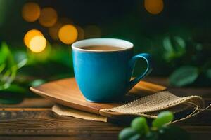 a cup of tea on a wooden table. AI-Generated photo