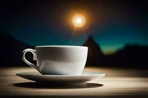 a cup of coffee on a table with a full moon in the background. AI-Generated photo