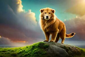 a golden dog standing on a rock in front of a cloudy sky. AI-Generated photo