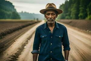 a man in a hat standing on a dirt road. AI-Generated photo