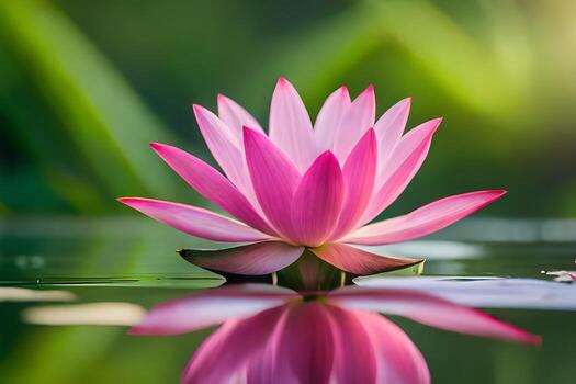 un rosado loto flor es reflejado en el agua. generado por ai foto