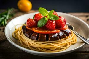 spaghetti with tomatoes and strawberries on a plate. AI-Generated photo