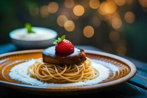 spaghetti with a strawberry on top. AI-Generated photo