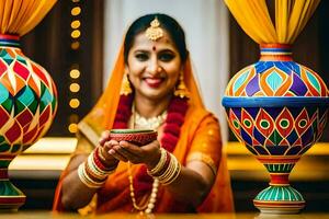 un mujer en tradicional indio atuendo participación un Diya. generado por ai foto