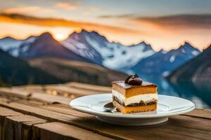 a piece of cake on a plate with mountains in the background. AI-Generated photo