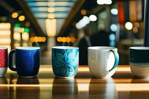 five different coffee mugs lined up on a table. AI-Generated photo