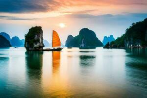 a boat sails in the water at sunset. AI-Generated photo