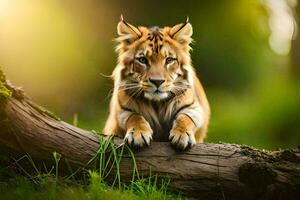 un Tigre sentado en un Iniciar sesión en el bosque. generado por ai foto