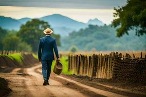 a man in a suit and hat walks down a dirt road. AI-Generated photo