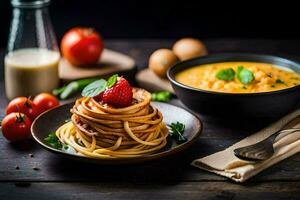 spaghetti with tomato sauce and vegetables on a wooden table. AI-Generated photo