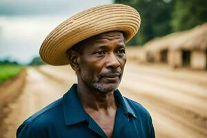 a man wearing a straw hat stands on a dirt road. AI-Generated photo