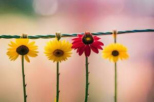 four flowers are hanging on a wire. AI-Generated photo