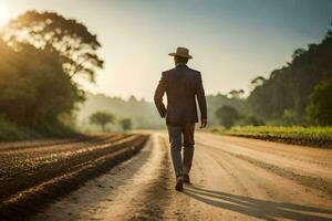 un hombre en un traje y sombrero caminando abajo un suciedad la carretera. generado por ai foto