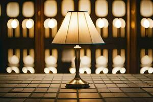 a table lamp on a table in front of a window. AI-Generated photo