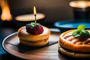 two cakes with strawberries and a candle on a plate. AI-Generated photo