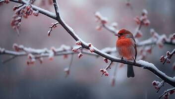 rojo pájaro sentado en un rama cubierto con nieve. invierno antecedentes ai generado foto